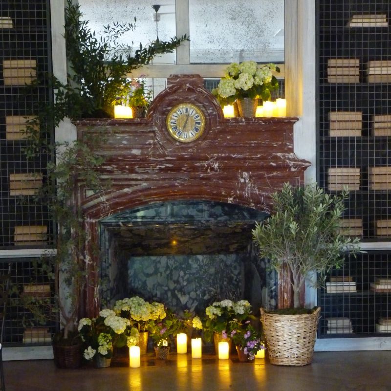 Chimenea con arboles, flores y velas