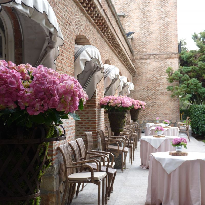 Porche aperitivo copas de celosia con hortensias